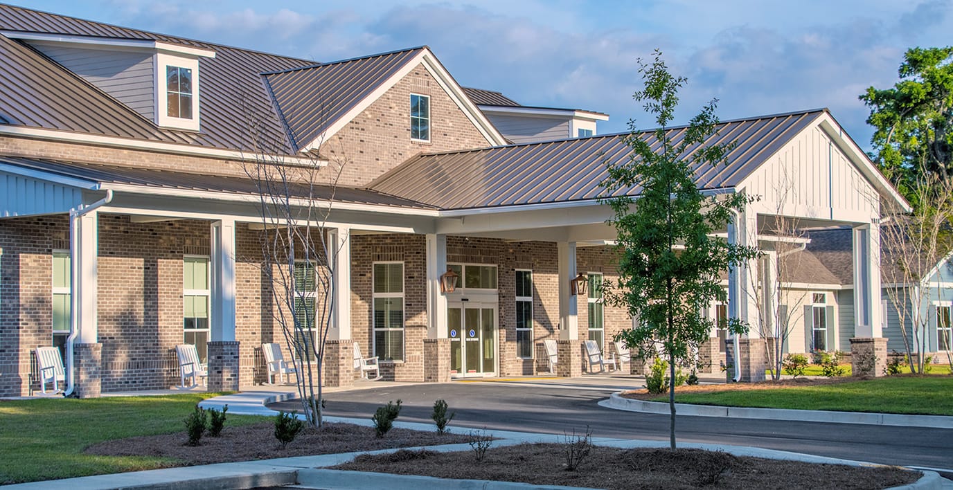 Exterior view of a senior living facility entrance