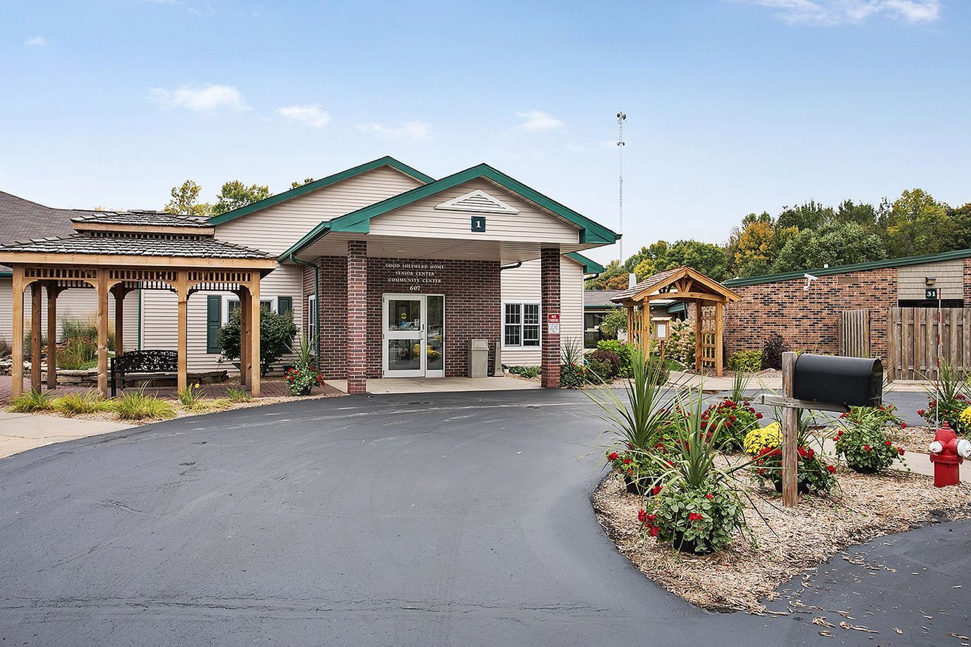 Exterior view of a senior living facility entrance