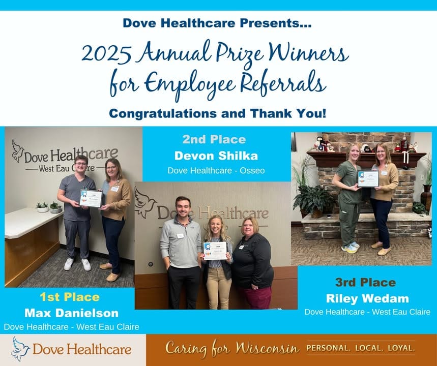 Dove Healthcare – Bloomer, Assisted Living in Bloomer, WI — Employee referral award winners with certificates
