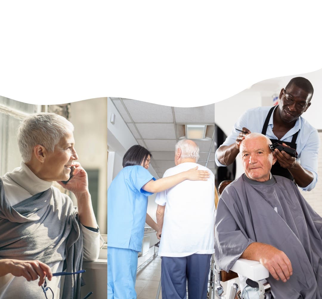Residents and staff engaging in care activities