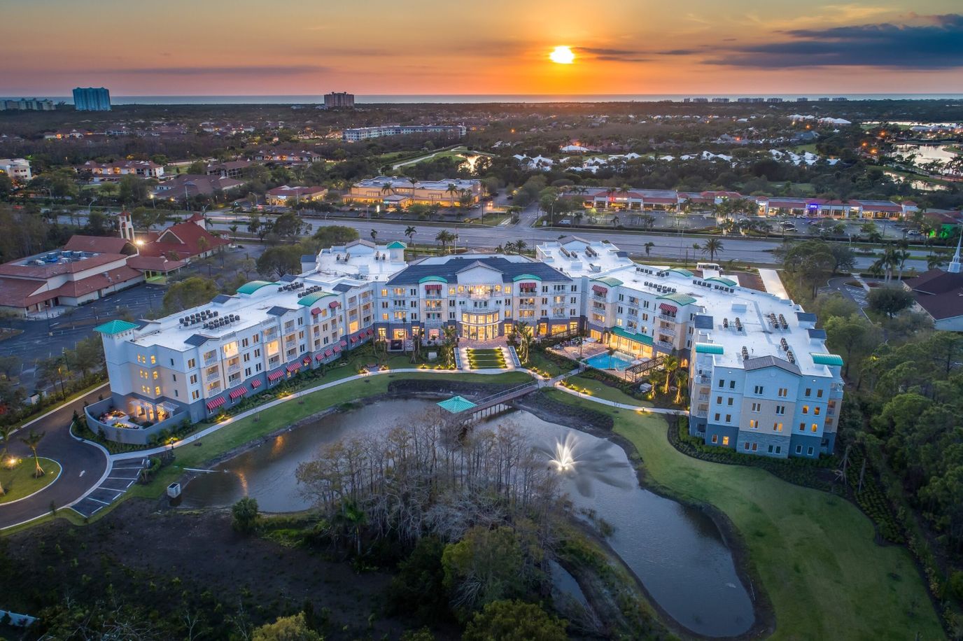 Aerial view of All Seasons Naples at sunset