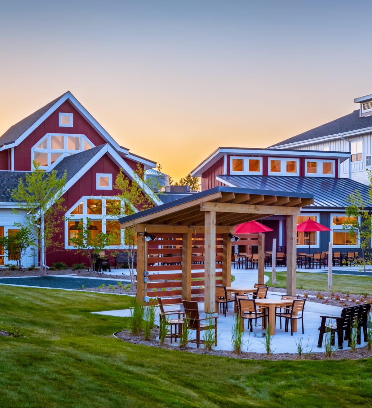 Beautiful outdoor seating area with shelters and chairs