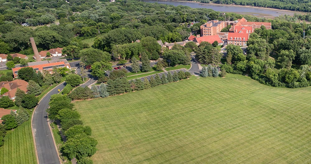 Aerial view of the assisted living facility and surrounding landscape.