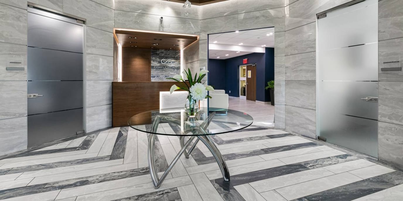 Interior lobby area with modern decor and seating