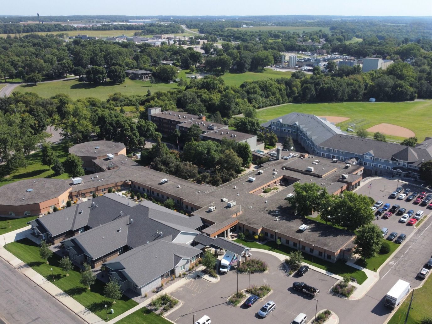 Aerial view of the Benedictine Manor facility surrounded by green areas