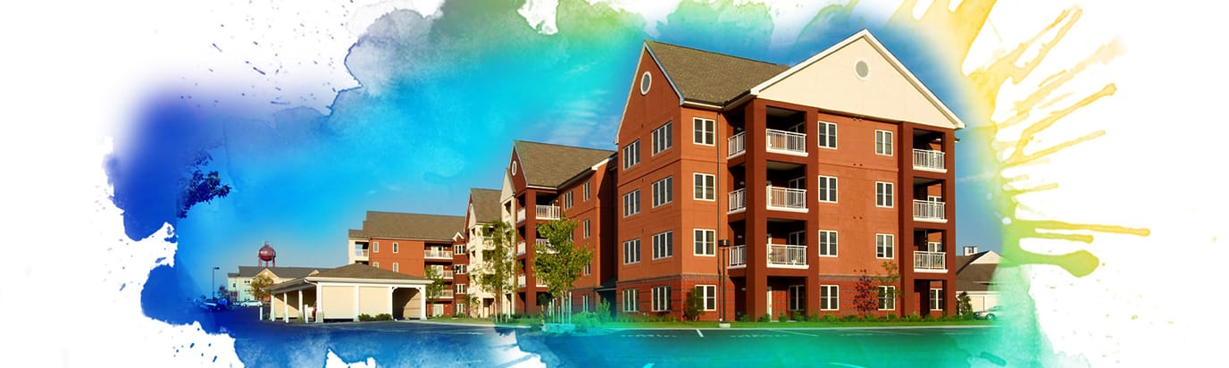 Exterior view of a brick building with colorful overlay