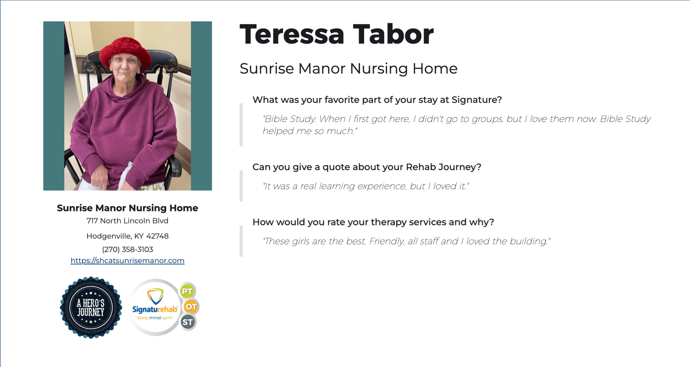Sunrise Manor Nursing Home, Nursing Home in Hodgenville, KY — Resident sharing her experience at Sunrise Manor Nursing Home