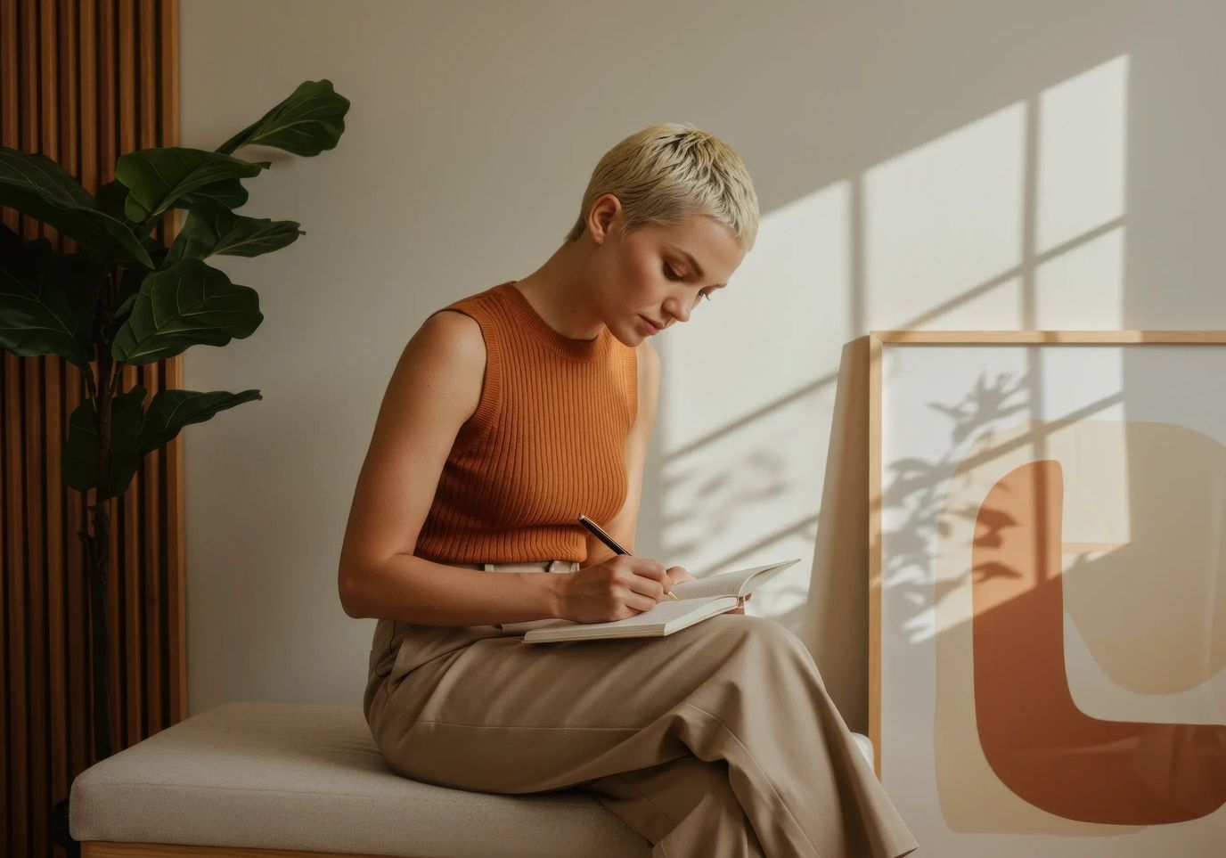 A woman writing in a notebook in a bright interior space