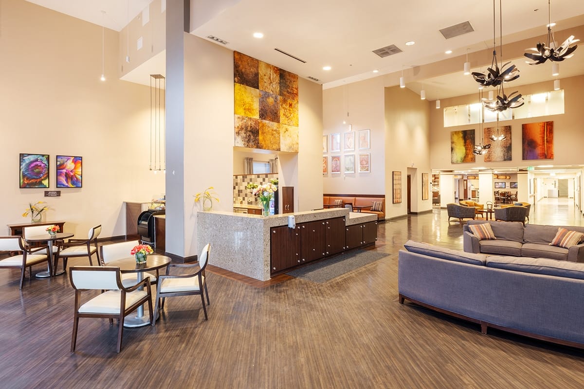 Bright common area with seating and decor