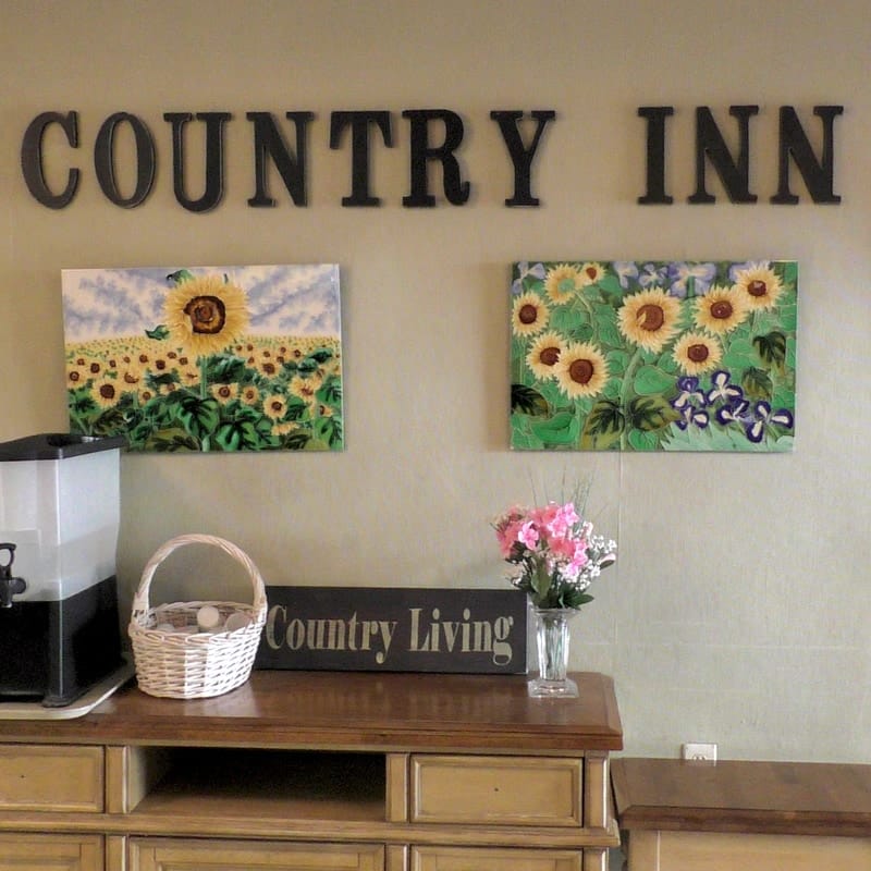 Interior decor with floral paintings and signage