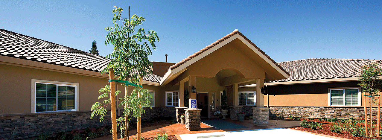 Exterior view of assisted living facility entrance