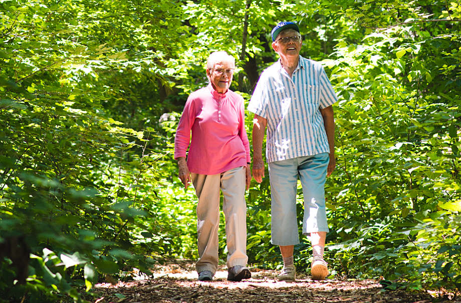 Two seniors walking on a forest path