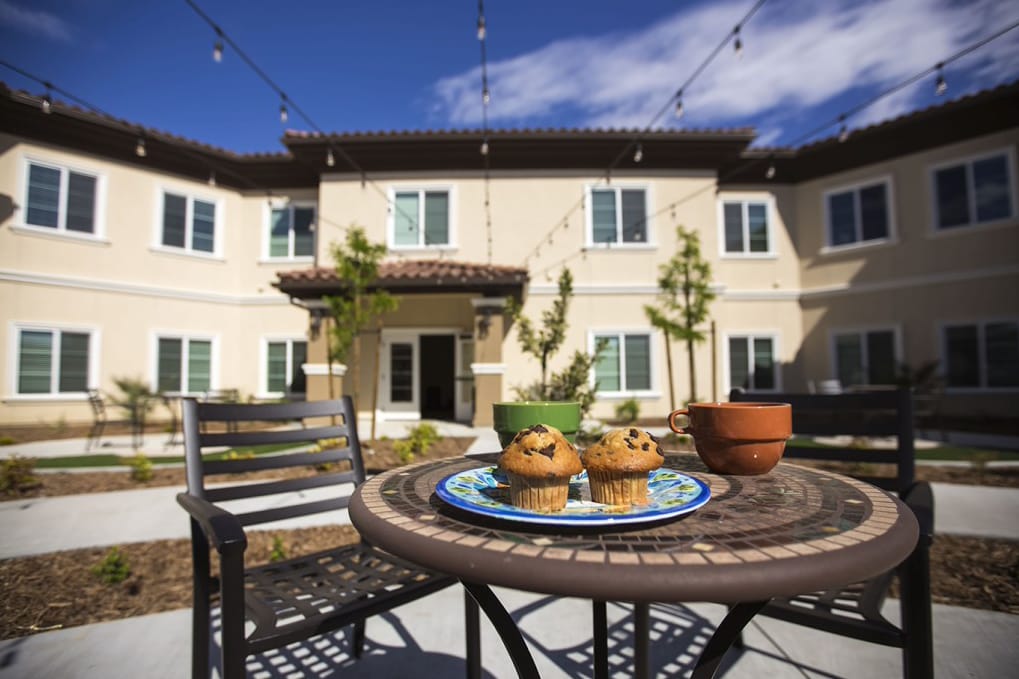 Outdoor patio with muffins and beverages