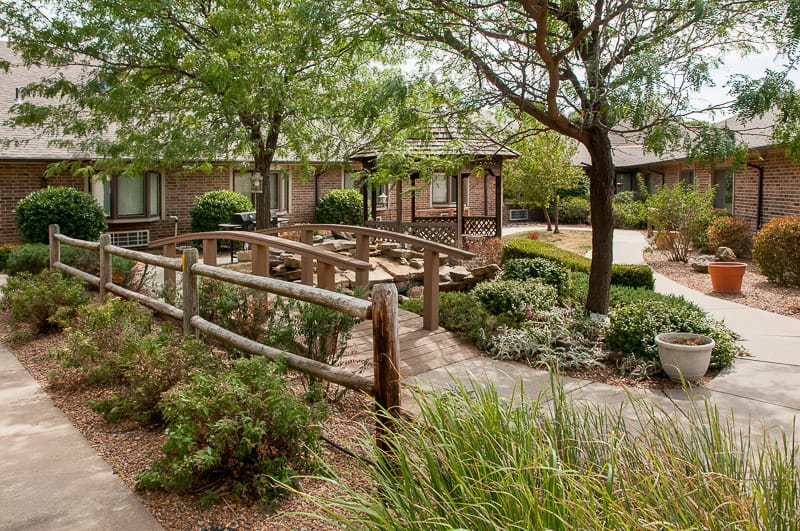Beautiful garden area with wooden bridge