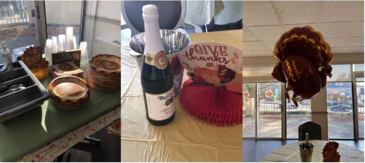 Thanksgiving decorations and food setup in dining area