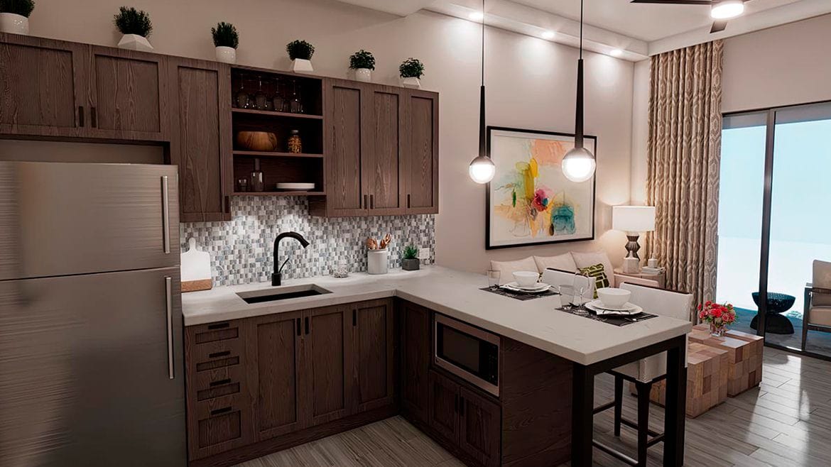 Harborchase of Villages Crossing, assisted living in Lady Lake, FL — Modern kitchen with wooden cabinetry and elegant decor