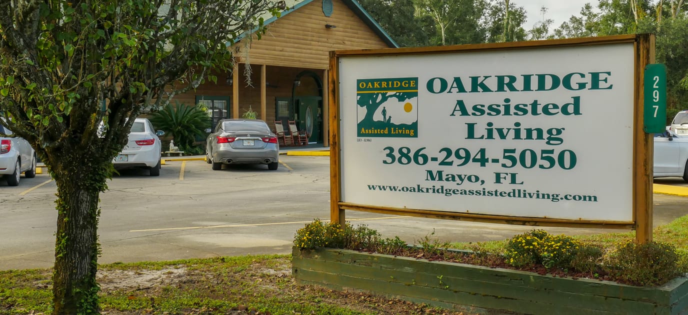 Signage for Oakridge Assisted Living Facility outside the building