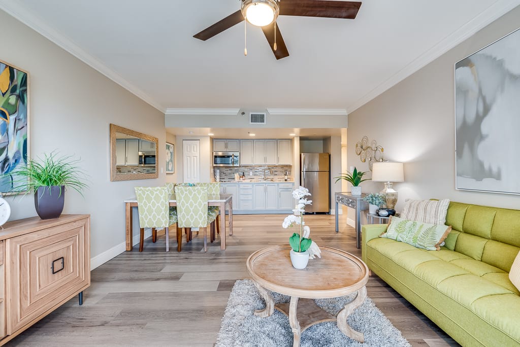 Bright and welcoming living room interior of a senior residence
