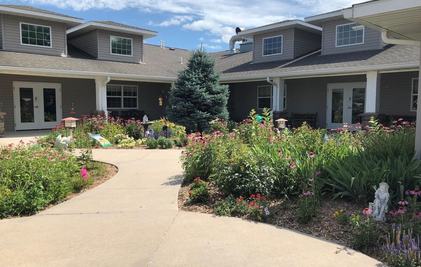 A vibrant garden area with pathways and flowers