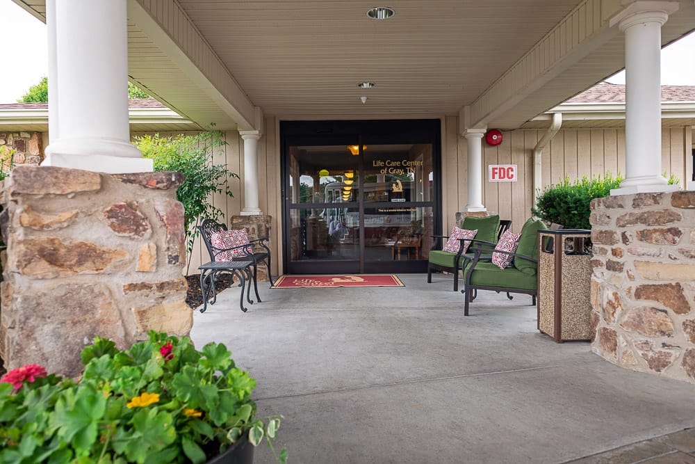 Entrance area of Life Care Center of Gray with seating