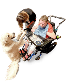 St Ann Center for Intergenerational Care, memory care in Milwaukee, WI — Therapy dog interacting with a resident in a wheelchair