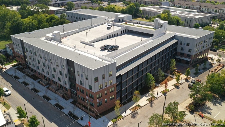 Aerial view of a modern assisted living facility