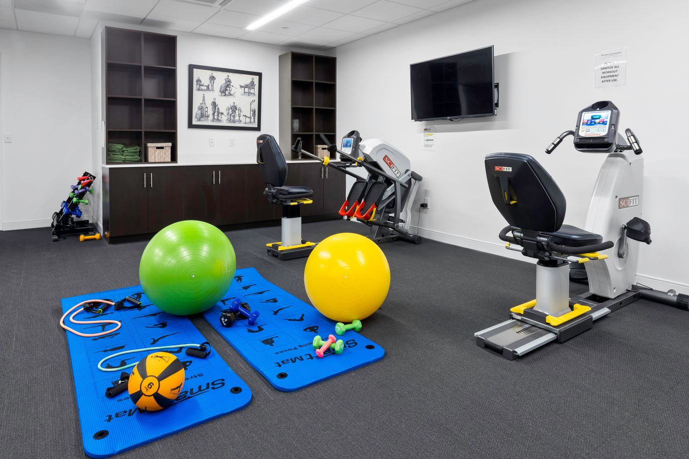 An interior fitness room with exercise equipment and colorful balls