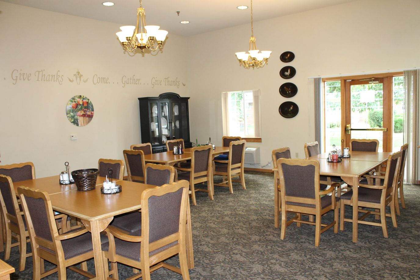 Dining room with wooden tables and chairs