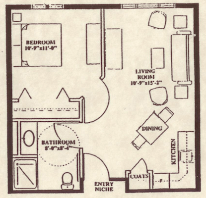 Clear floor plan of a one-bedroom unit