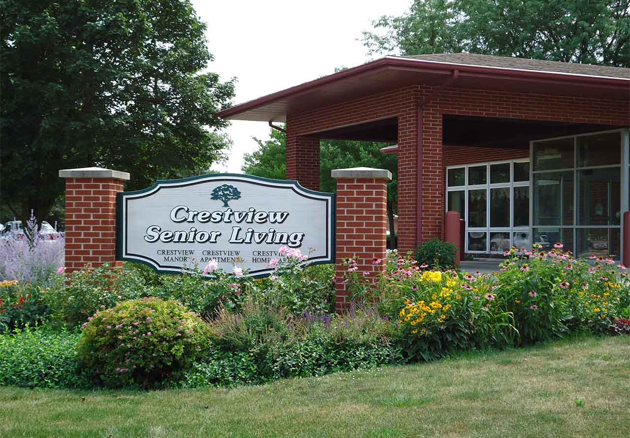 Signage for Crestview Senior Living at the entrance