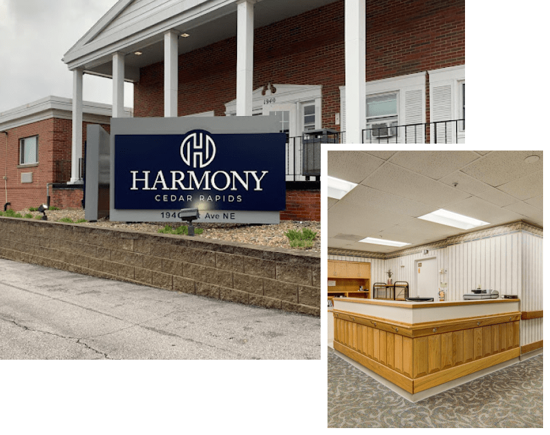 Exterior view of Harmony Cedar Rapids with logo