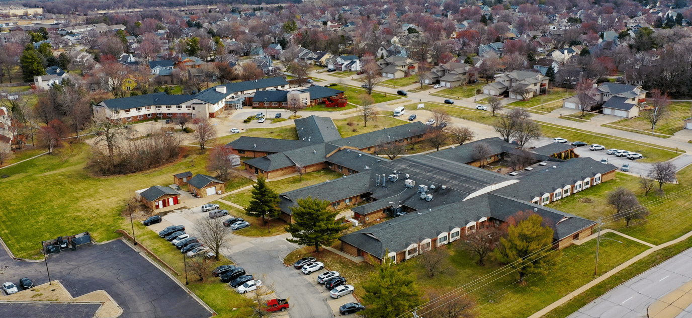 Aerial view of Royal Oaks Nursing and Rehabilitation Center and surrounding area