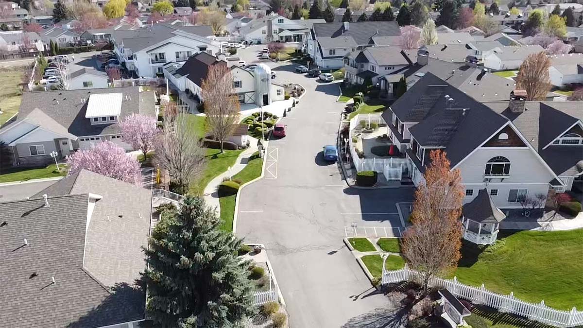 Aerial view of a suburban senior living community
