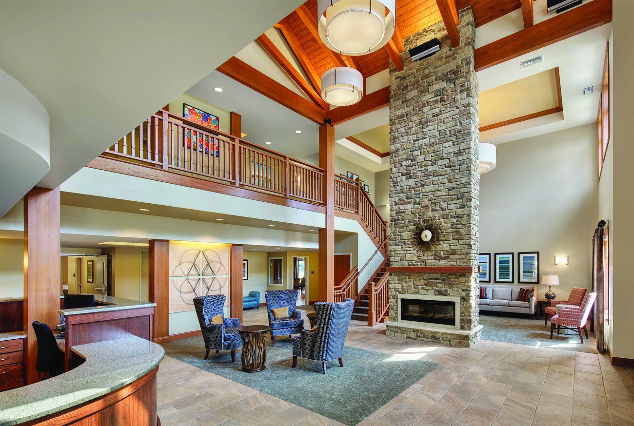 Interior view of a welcoming community lobby with seating