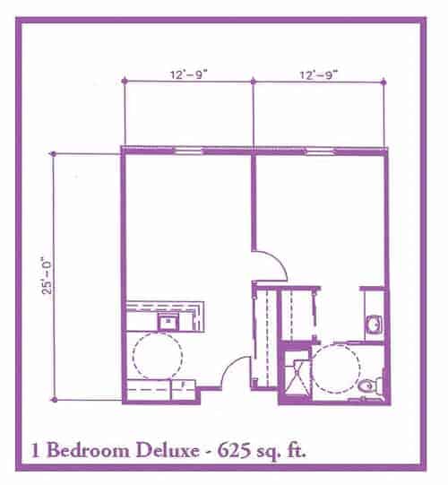 Floor plan for a 1 bedroom deluxe unit