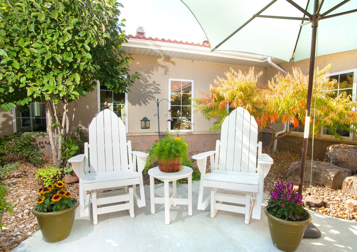 Outdoor seating area with chairs and plants