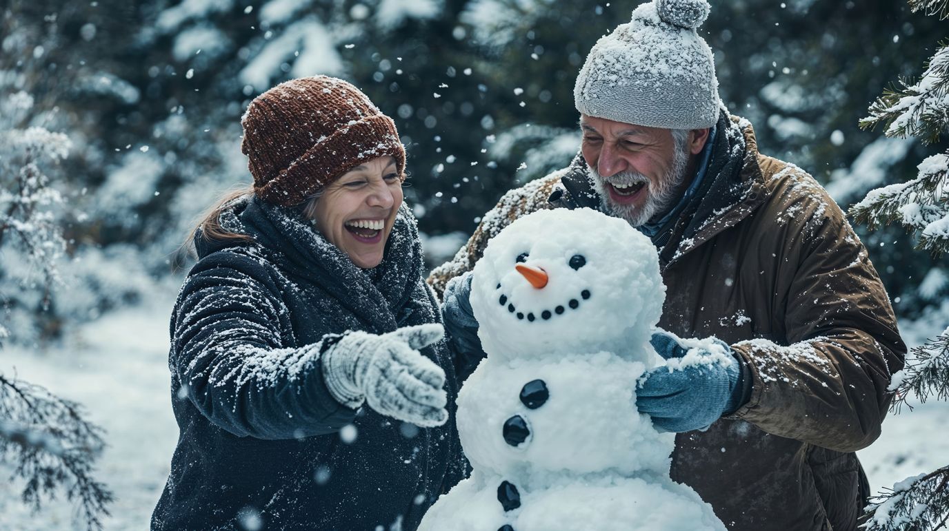 Residents enjoying winter activities, building a snowman