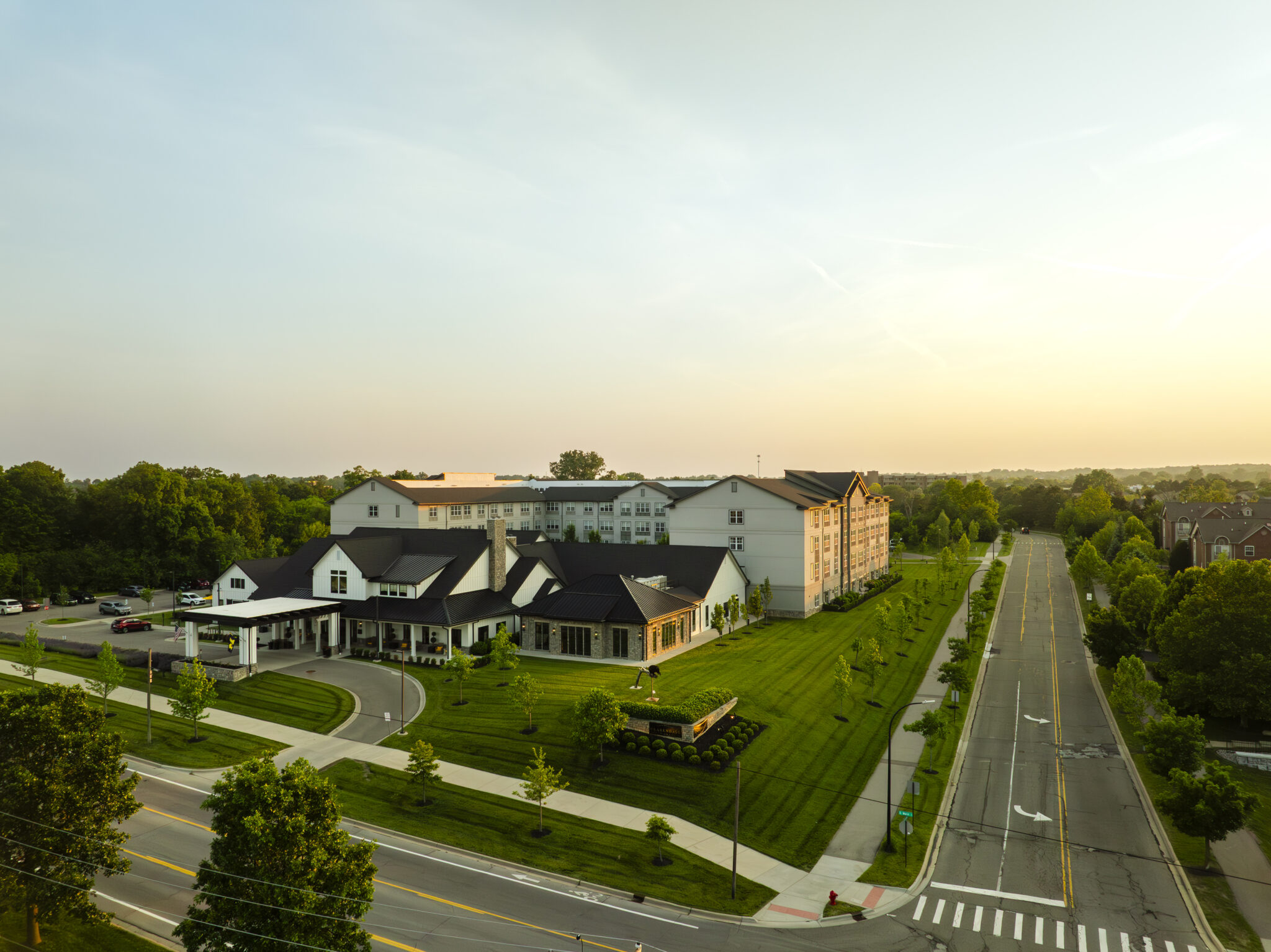 Aerial view of Clarendale Ann Arbor and its gardens