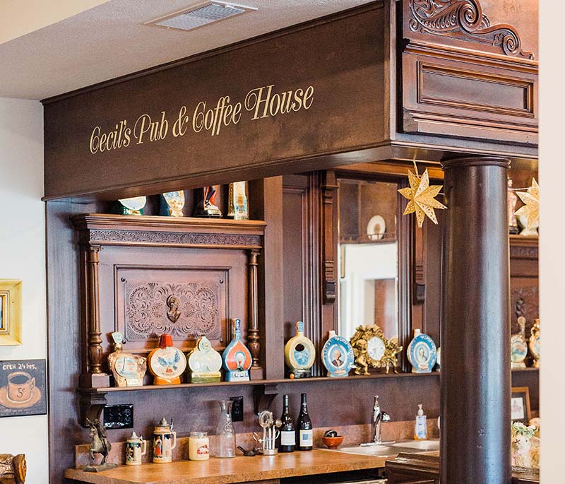 Interior view of a coffee house area with decor