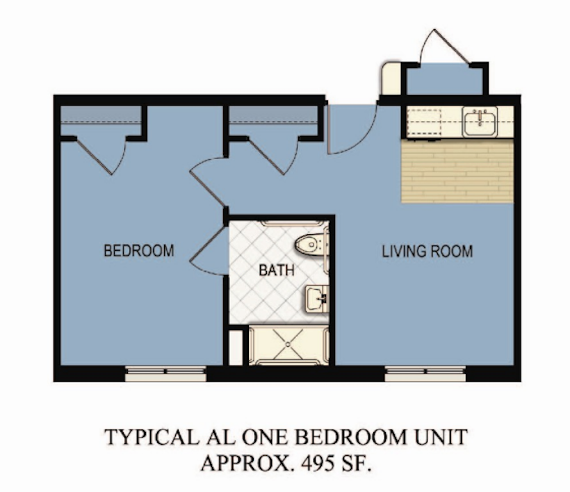 Architectural floor plan of a one-bedroom unit