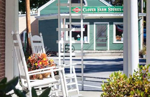 Outdoor seating area with rocking chairs