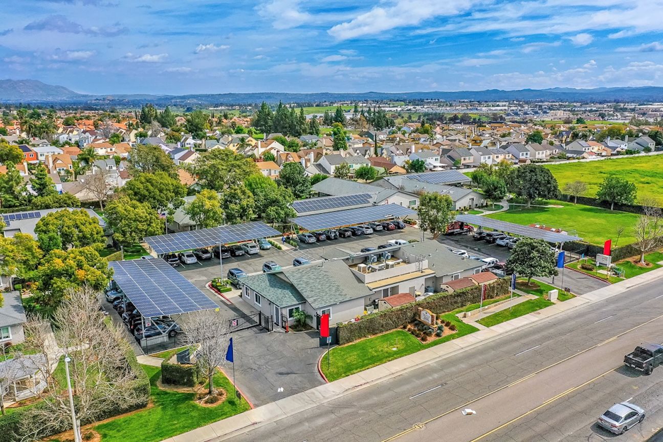 Aerial view of Ridgeway senior living facility with solar panels