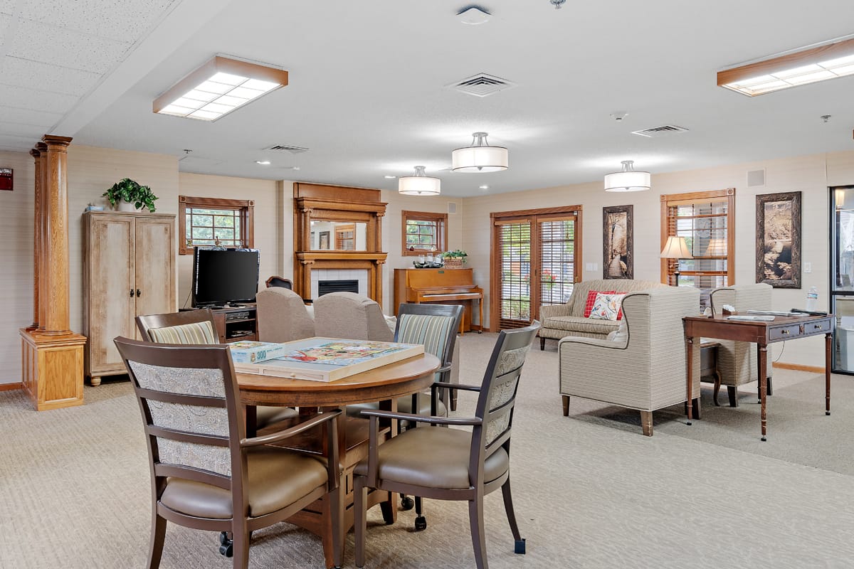Bright common area in an assisted living facility