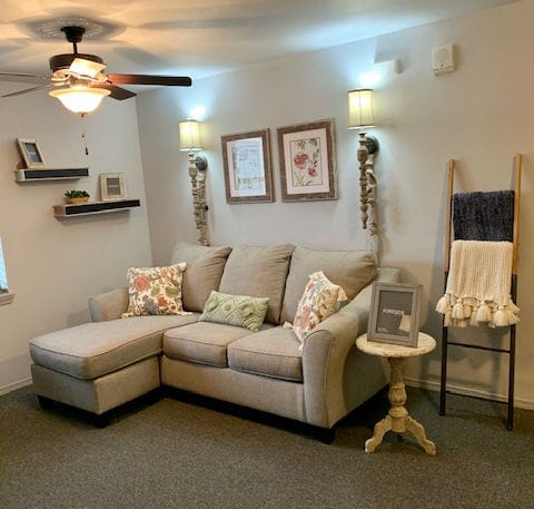 Cozy living room with a sofa and decor