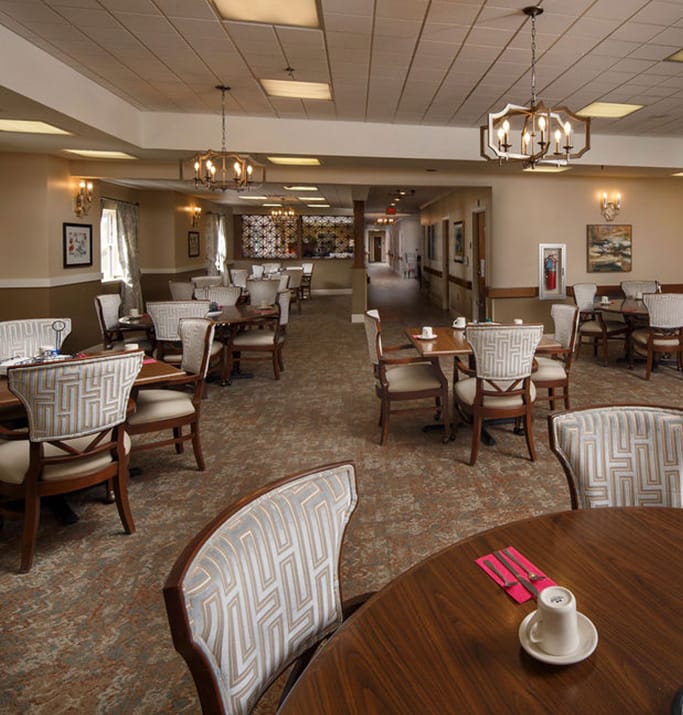 Dining area with tables and chairs set up