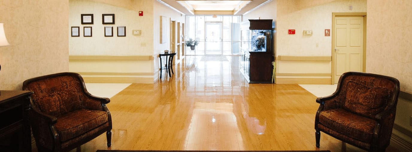 Interior view of a hallway with seating