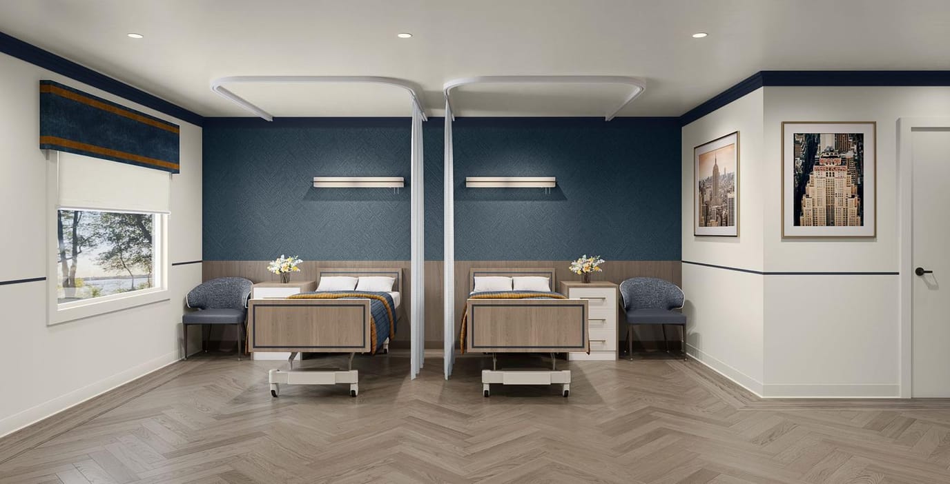 Private resident room with two beds and modern decor