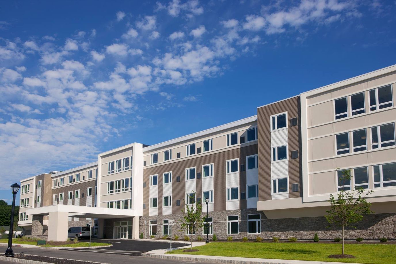 Exterior view of a modern assisted living facility