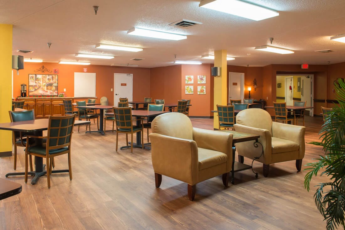 Interior view of a common area with seating