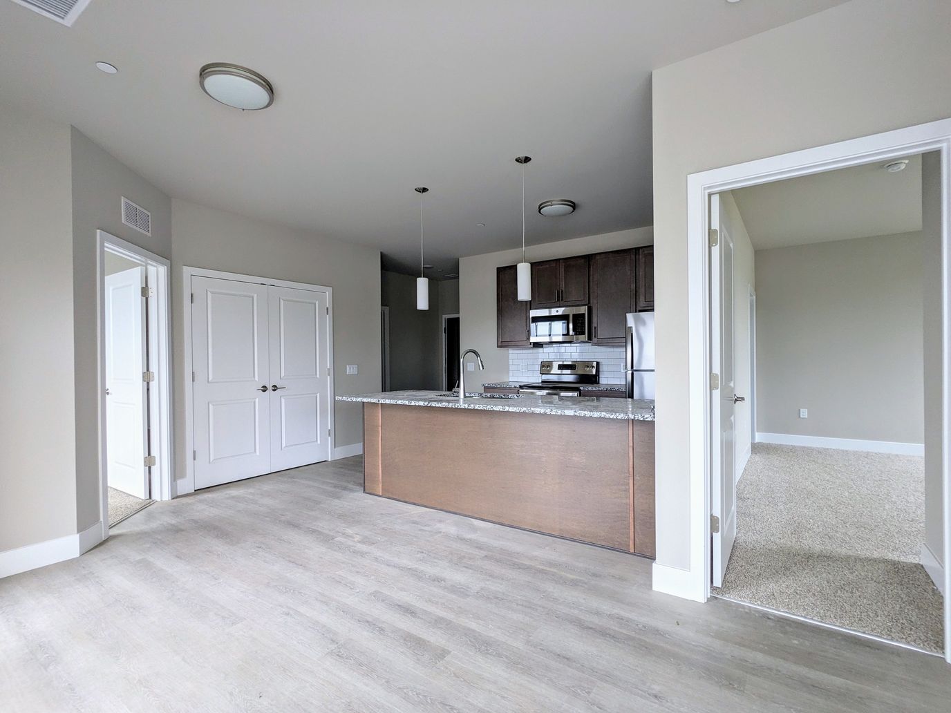 Modern interior view of a kitchen and living area